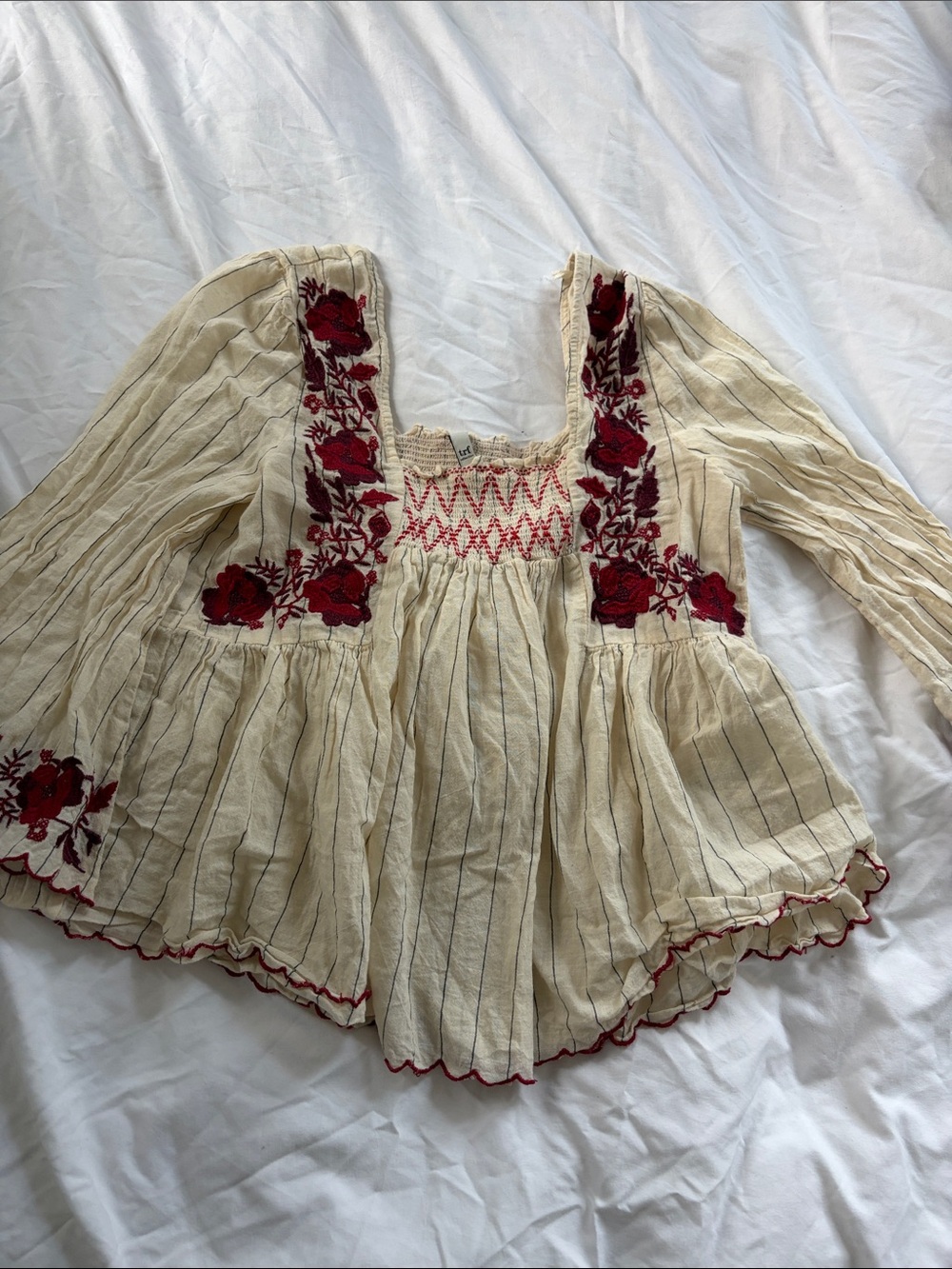 Cream Peasant Blouse with Red Rose Embroidery